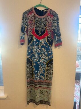 Alice + Olivia Blue Teal Floral Maxi Dress with Pink Accents